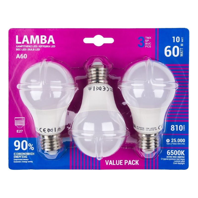 Casa si Gradina - Corpuri si surse de iluminat - Becuri si tuburi neon - Becuri - Set 3 Becuri LED E27, 7.3W, Lumina Alba de Zi, 6500K, A60 - Infinity.ro