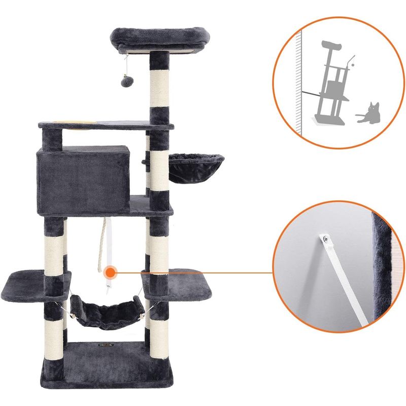 Petshop - Accesorii petshop - Jucarii animale - Ansambluri de joaca - Ansamblu de joaca pentru pisici, tip copac, cu culcus si ascunzatoare, 90x50x164cm, gri antracit - Infinity.ro