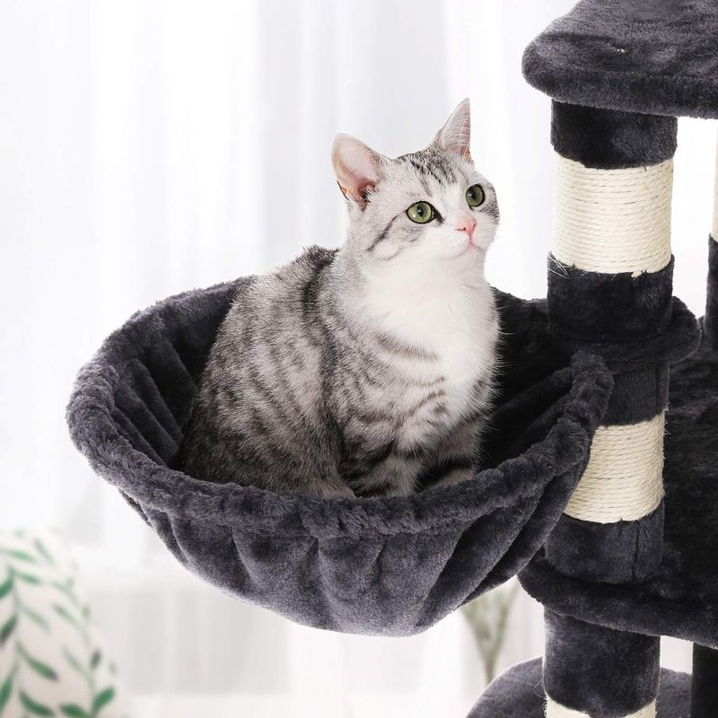 Petshop - Accesorii petshop - Jucarii animale - Ansambluri de joaca - Ansamblu de joaca pentru pisici, tip copac, cu culcus si ascunzatoare, 90x50x164cm, gri antracit - Infinity.ro