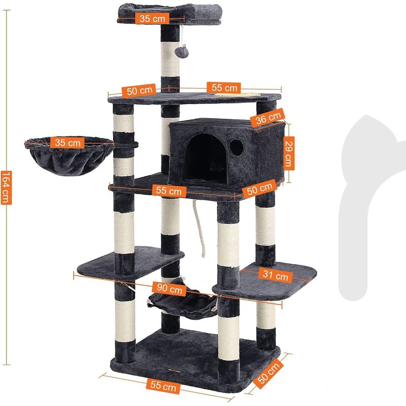 Petshop - Accesorii petshop - Jucarii animale - Ansambluri de joaca - Ansamblu de joaca pentru pisici, tip copac, cu culcus si ascunzatoare, 90x50x164cm, gri antracit - Infinity.ro