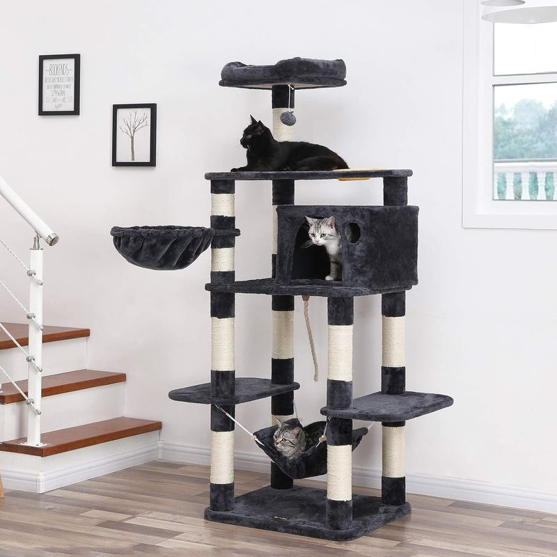 Petshop - Accesorii petshop - Jucarii animale - Ansambluri de joaca - Ansamblu de joaca pentru pisici, tip copac, cu culcus si ascunzatoare, 90x50x164cm, gri antracit - Infinity.ro