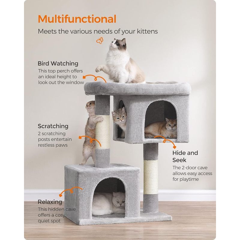 Petshop - Accesorii petshop - Jucarii animale - Ansambluri de joaca - Ansamblu de joaca pisici, tip copac, culcus, 2 ascunzatoare, 68x48x101 cm, gri - Infinity.ro