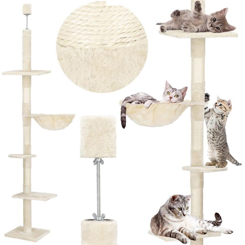 Petshop - Accesorii petshop - Jucarii animale - Ansambluri de joaca - Ansamblu de joaca pentru pisici, tip stalp de catarat pana la tavan, inaltime reglabila, 240 - 265 cm, bej - Infinity.ro