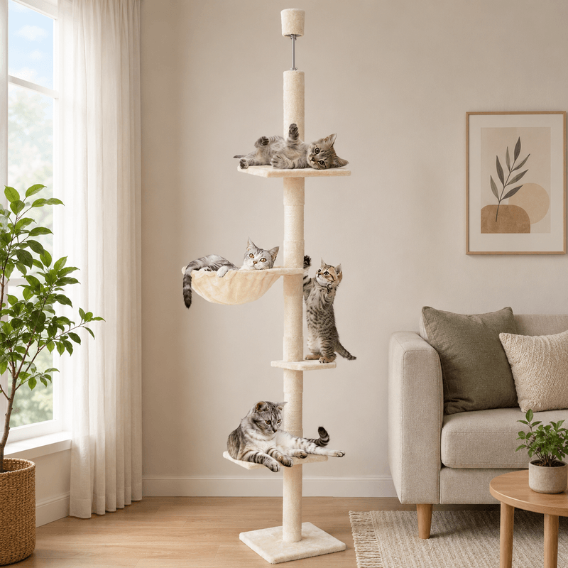 Petshop - Accesorii petshop - Jucarii animale - Ansambluri de joaca - Ansamblu de joaca pentru pisici, tip stalp de catarat pana la tavan, inaltime reglabila, 240 - 265 cm, bej - Infinity.ro