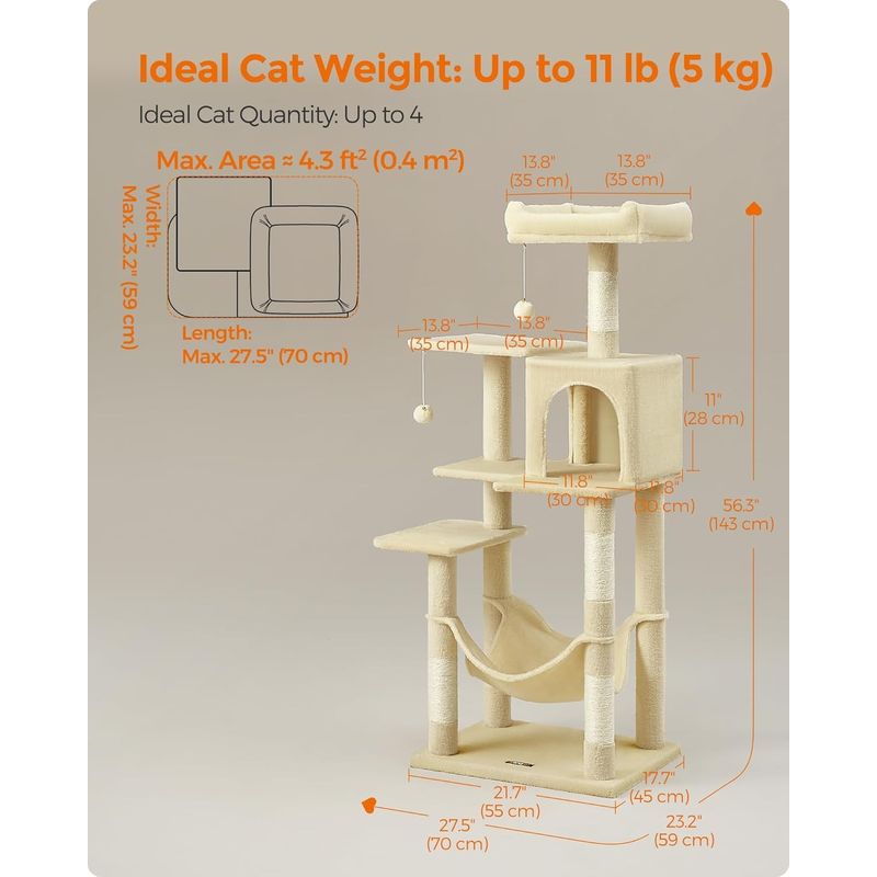 Petshop - Accesorii petshop - Jucarii animale - Ansambluri de joaca - Ansamblu joaca pentru pisici cu 2 platforme, pestera, hamac si stalpi sisal, 55x45x143 cm, bej - Infinity.ro