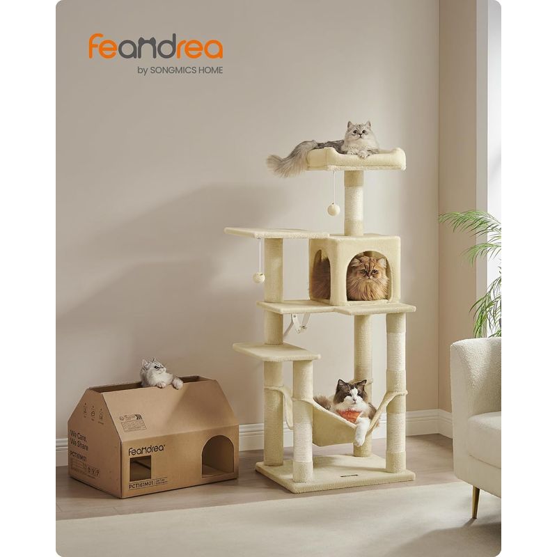 Petshop - Accesorii petshop - Jucarii animale - Ansambluri de joaca - Ansamblu joaca pentru pisici cu 2 platforme, pestera, hamac si stalpi sisal, 55x45x143 cm, bej - Infinity.ro