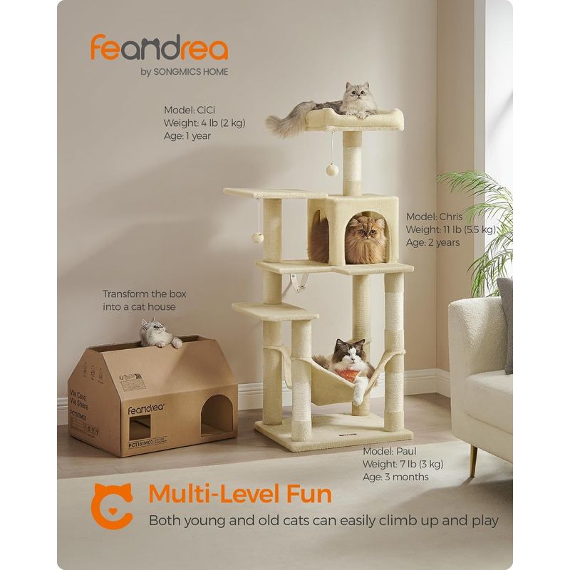 Petshop - Accesorii petshop - Jucarii animale - Ansambluri de joaca - Ansamblu joaca pentru pisici cu 2 platforme, pestera, hamac si stalpi sisal, 55x45x143 cm, bej - Infinity.ro