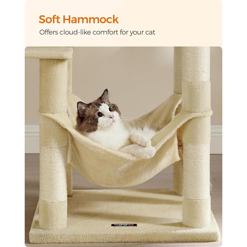 Petshop - Accesorii petshop - Jucarii animale - Ansambluri de joaca - Ansamblu joaca pentru pisici cu 2 platforme, pestera, hamac si stalpi sisal, 55x45x143 cm, bej - Infinity.ro