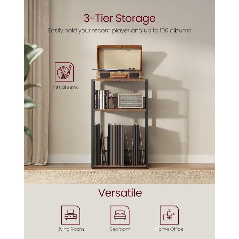 TV, Audio-Video si Foto - Audio Hi-Fi - Accesorii Audio Hi-Fi - Suport pentru pickup si depozitare viniluri, 3 niveluri, cadru metalic, 43x30x69 cm, maro rustic - Infinity.ro