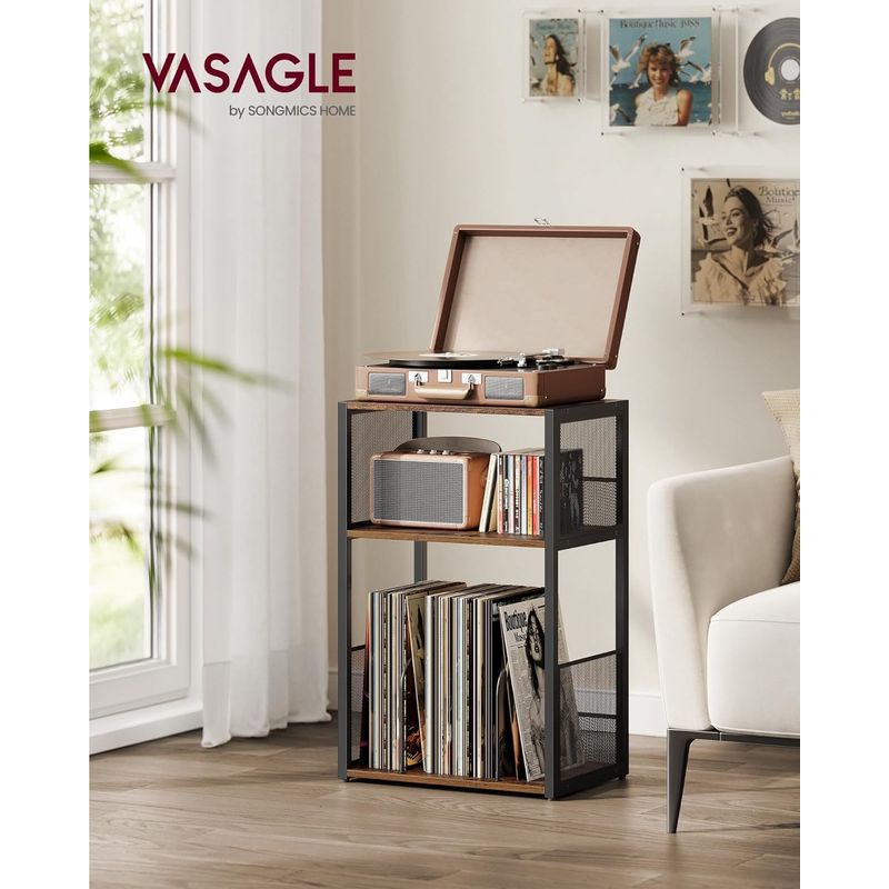 TV, Audio-Video si Foto - Audio Hi-Fi - Accesorii Audio Hi-Fi - Suport pentru pickup si depozitare viniluri, 3 niveluri, cadru metalic, 43x30x69 cm, maro rustic - Infinity.ro