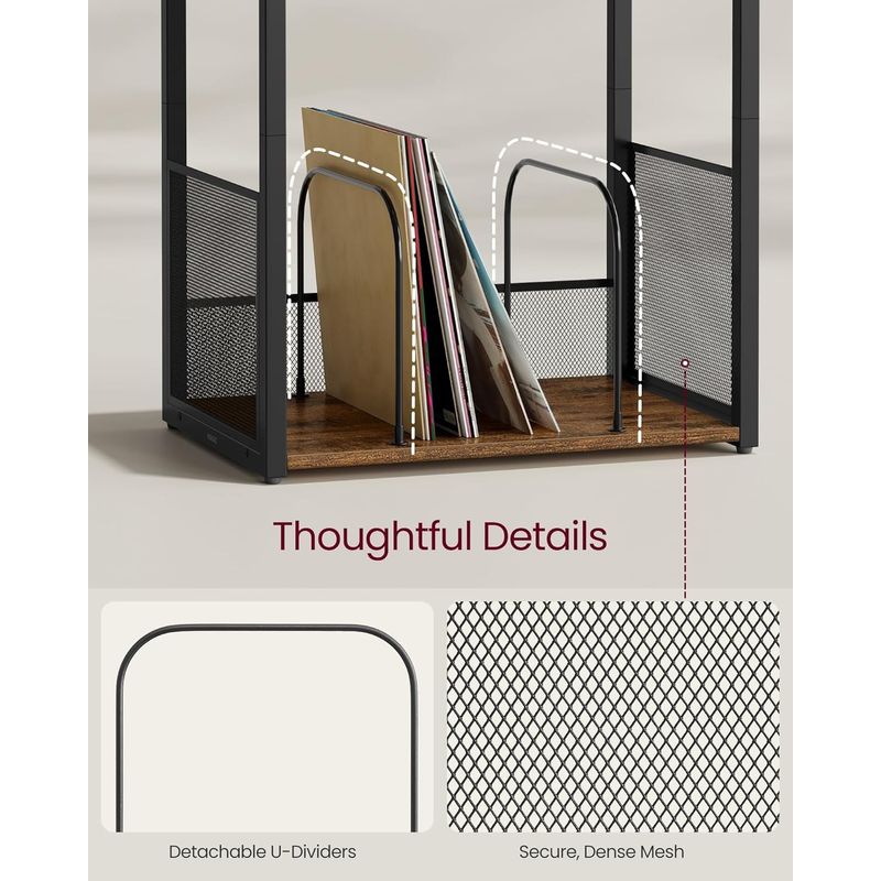 TV, Audio-Video si Foto - Audio Hi-Fi - Accesorii Audio Hi-Fi - Suport pentru pickup si depozitare viniluri, 3 niveluri, cadru metalic, 43x30x69 cm, maro rustic - Infinity.ro