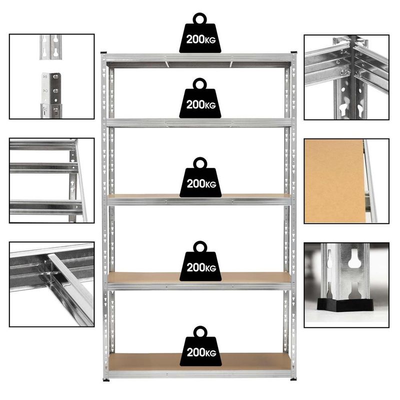 Casa si Gradina - Constructii - Depozitare, transport si protectie - Rafturi, fisete si vestiare - Raft metalic de depozitare cu 5 polite reglabile MDF, structura zincata, capacitate 1000 kg, 120x45x205 cm, gri - Infinity.ro
