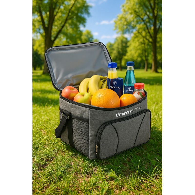 Sport si Outdoor - Camping - Bucatarie de camping - Cutii si genti frigorifice - Geanta termica 18L cu buzunare laterale, strat termoizolant PEVA si curea reglabila, 33x21x26 cm, gri - Infinity.ro