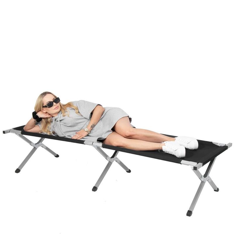 Sport si Outdoor - Camping - Saltele si accesorii pentru somn - Accesorii pentru somn camping - Pat pliant camping structura metalica cu husa transport, pliabil compact, max 150 kg, 190x74x42 cm, negru - Infinity.ro