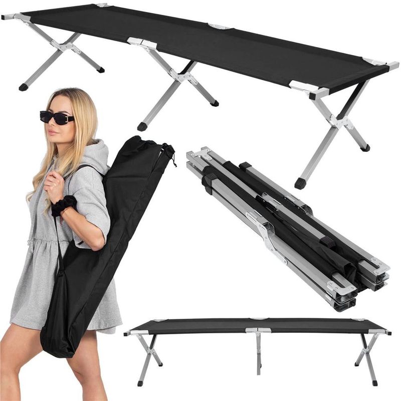 Sport si Outdoor - Camping - Saltele si accesorii pentru somn - Accesorii pentru somn camping - Pat pliant camping structura metalica cu husa transport, pliabil compact, max 150 kg, 190x74x42 cm, negru - Infinity.ro