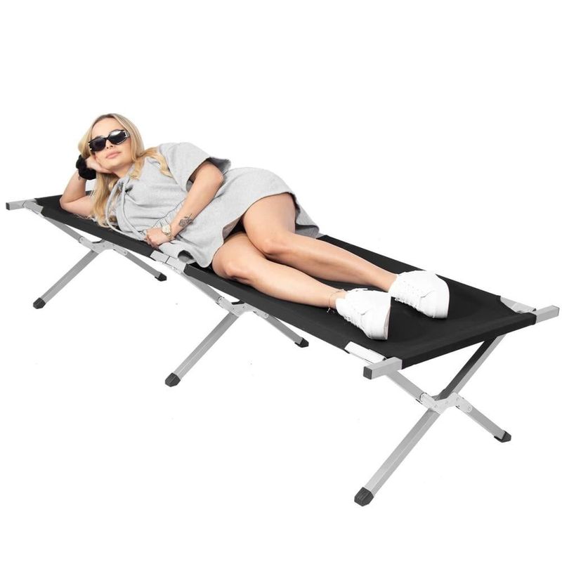 Sport si Outdoor - Camping - Saltele si accesorii pentru somn - Accesorii pentru somn camping - Pat pliant camping structura metalica cu husa transport, pliabil compact, max 150 kg, 190x74x42 cm, negru - Infinity.ro