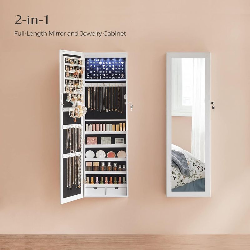 Fashion, accesorii si bijuterii - Femei - Bijuterii femei - Cutii bijuterii - Dulap pentru bijuterii cu oglinda, MDF, iluminare LED, montare pe perete sau usa, 37x10x120 cm, alb - Infinity.ro