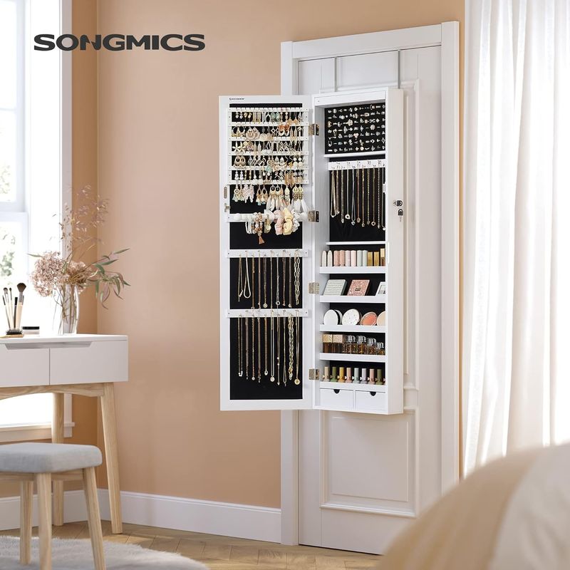 Fashion, accesorii si bijuterii - Femei - Bijuterii femei - Cutii bijuterii - Dulap pentru bijuterii cu oglinda, MDF, iluminare LED, montare pe perete sau usa, 37x10x120 cm, alb - Infinity.ro