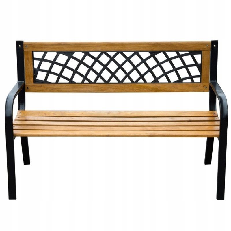 Casa si Gradina - Gradina si terasa - Mobilier exterior - Bancute de gradina - Banca de gradina din lemn si otel cu spatar decorativ, 120x53x73 cm, negru si maro natur - Infinity.ro