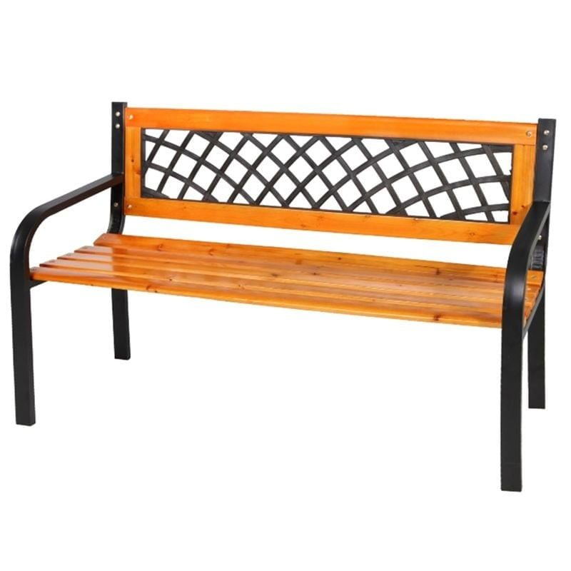 Casa si Gradina - Gradina si terasa - Mobilier exterior - Bancute de gradina - Banca de gradina din lemn si otel cu spatar decorativ, 120x53x73 cm, negru si maro natur - Infinity.ro