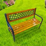 Casa si Gradina - Gradina si terasa - Mobilier exterior - Bancute de gradina - Banca de gradina din lemn si otel cu spatar decorativ, 120x53x73 cm, negru si maro natur - Infinity.ro