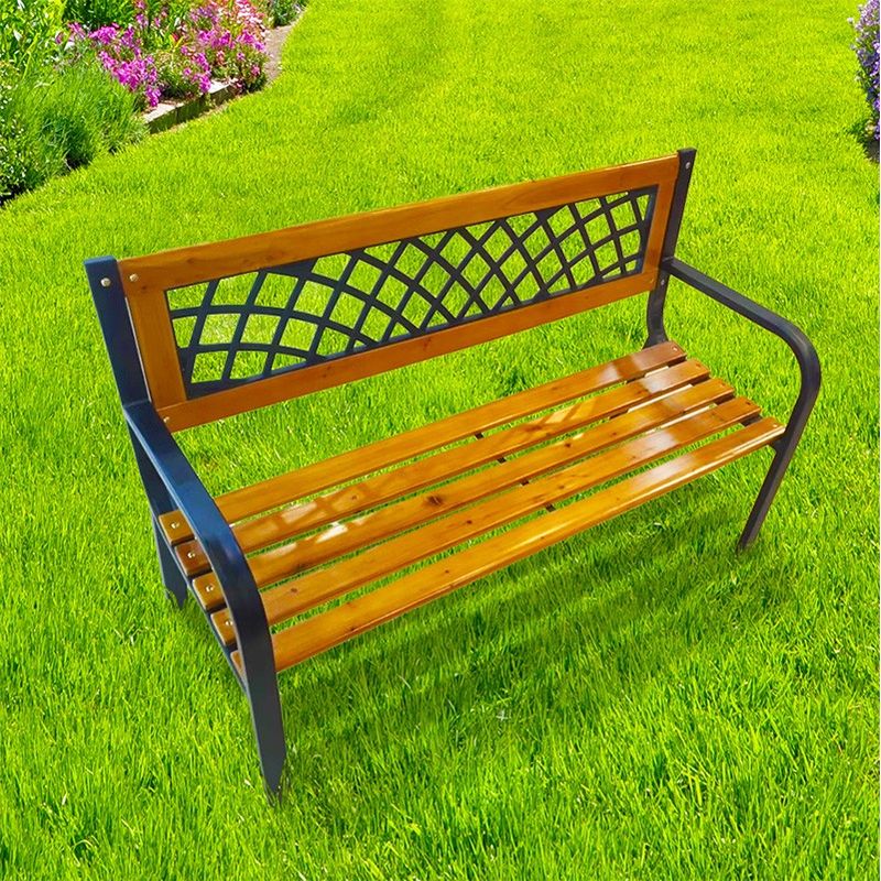 Casa si Gradina - Gradina si terasa - Mobilier exterior - Bancute de gradina - Banca de gradina din lemn si otel cu spatar decorativ, 120x53x73 cm, negru si maro natur - Infinity.ro