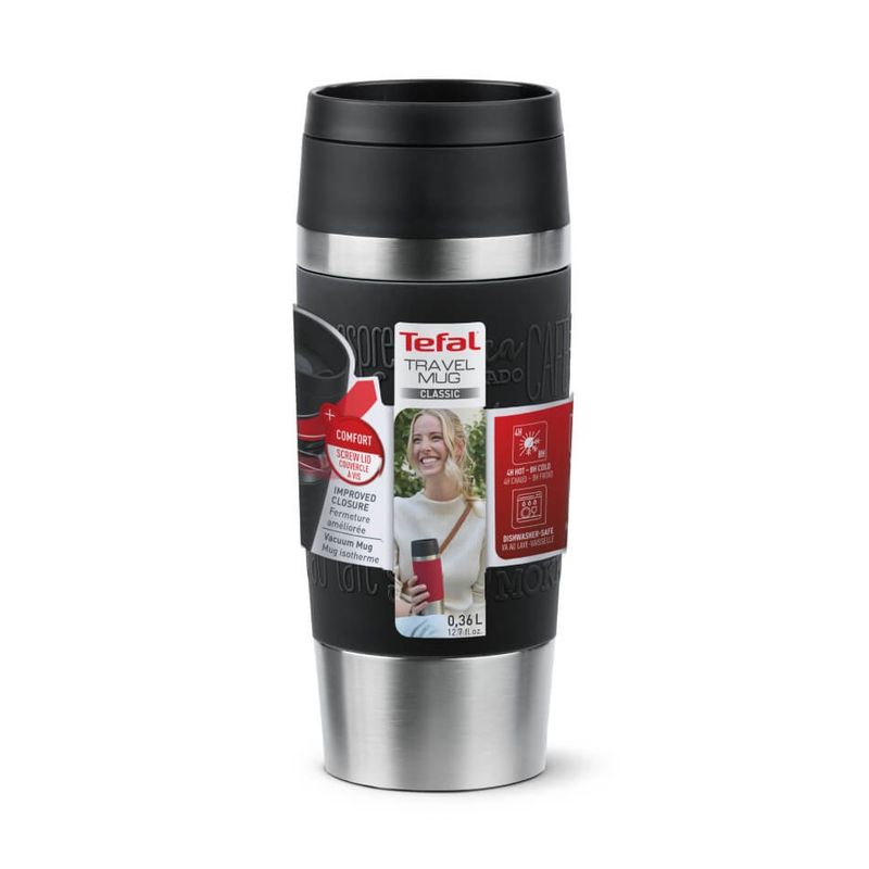 Casa si Gradina - Bucatarie si vesela - Accesorii bar - Termosuri si Cani termos - Termos Tefal Travel Mug Classic N2020210, inox, 0.36 L, 100% etans, functie Quick Press, argintiu & negru - Infinity.ro