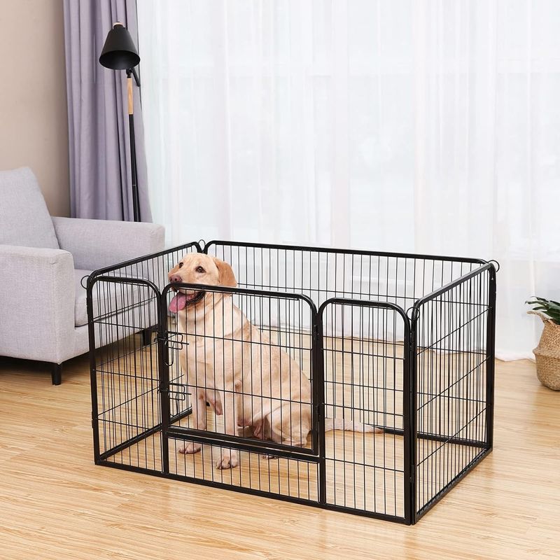 Petshop - Accesorii petshop - Culcusuri si custi - Custi interior si exterior - FEANDREA Tarc pentru caini din panouri de fier, cu usa de acces, XXL, 122x80x70cm, negru - Infinity.ro