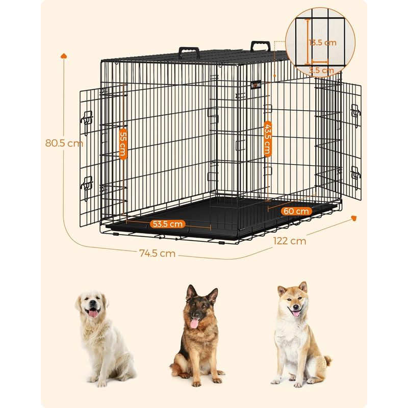 Petshop - Accesorii petshop - Culcusuri si custi - Custi interior si exterior - Cusca animale 2 usi pliabila metal tava detasabila xxl, 122x75x81 cm, transport usor, negru - Infinity.ro