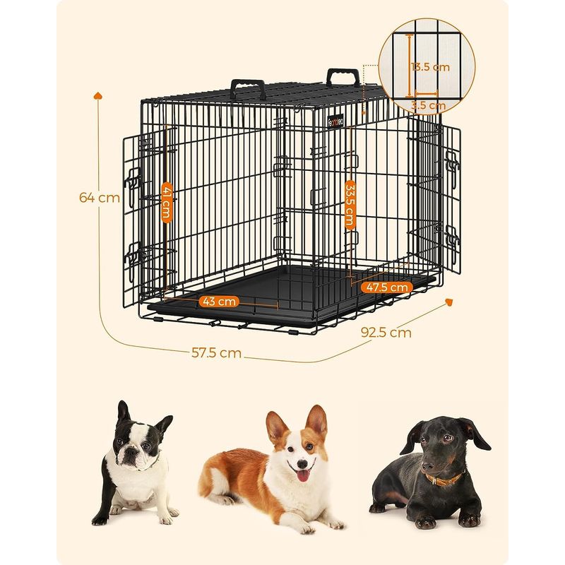Petshop - Accesorii petshop - Culcusuri si custi - Custi interior si exterior - Cusca pentru animale, 2 usi, pliabila din metal, tava detasabila, L, 93x58x64cm, negru - Infinity.ro