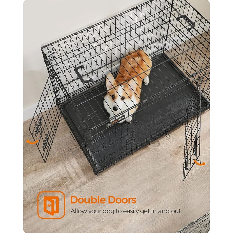 Petshop - Accesorii petshop - Culcusuri si custi - Custi interior si exterior - Cusca pentru animale, 2 usi, pliabila din metal, tava detasabila, L, 93x58x64cm, negru - Infinity.ro