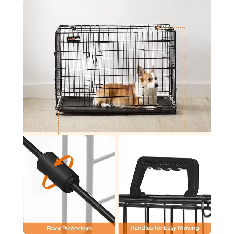Petshop - Accesorii petshop - Culcusuri si custi - Custi interior si exterior - Cusca pentru animale, 2 usi, pliabila din metal, tava detasabila, L, 93x58x64cm, negru - Infinity.ro