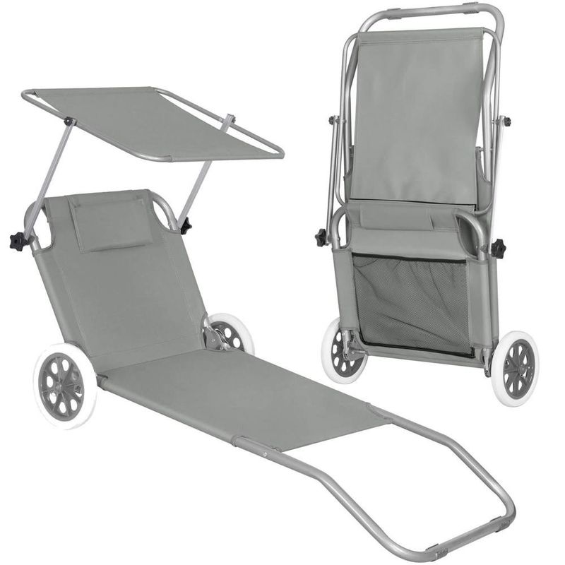 Casa si Gradina - Gradina si terasa - Mobilier exterior - Scaune si sezlonguri gradina - Sezlong pliabil pentru plaja, cu roti, parasolar reglabil si buzunar depozitare, 150x61 cm, 120 kg, gri - Infinity.ro