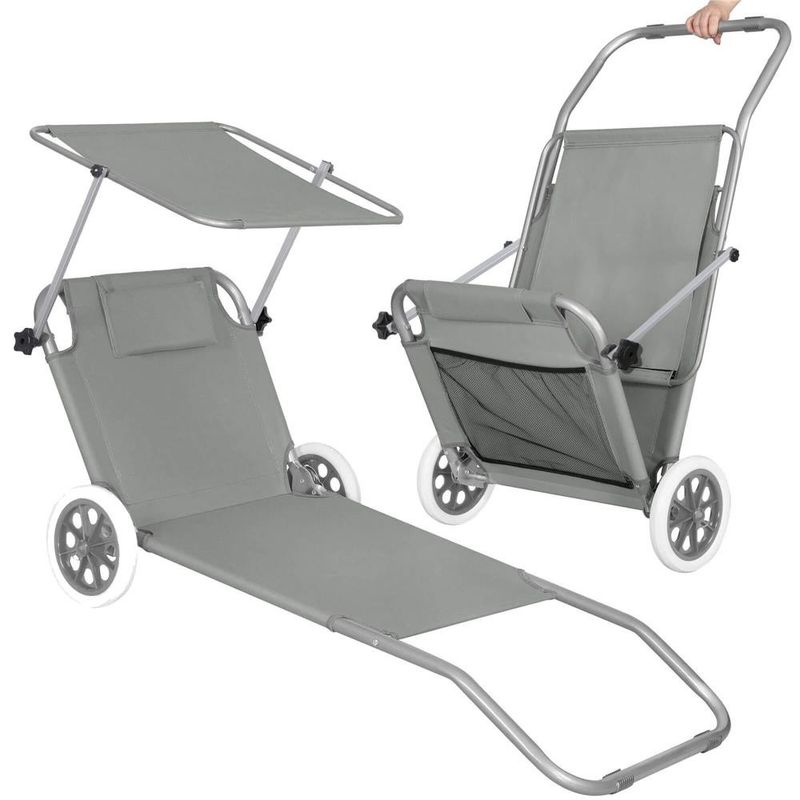 Casa si Gradina - Gradina si terasa - Mobilier exterior - Scaune si sezlonguri gradina - Sezlong pliabil pentru plaja, cu roti, parasolar reglabil si buzunar depozitare, 150x61 cm, 120 kg, gri - Infinity.ro