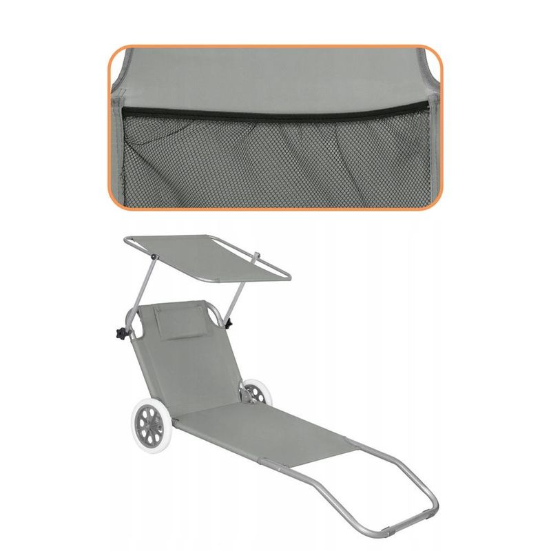 Casa si Gradina - Gradina si terasa - Mobilier exterior - Scaune si sezlonguri gradina - Sezlong pliabil pentru plaja, cu roti, parasolar reglabil si buzunar depozitare, 150x61 cm, 120 kg, gri - Infinity.ro