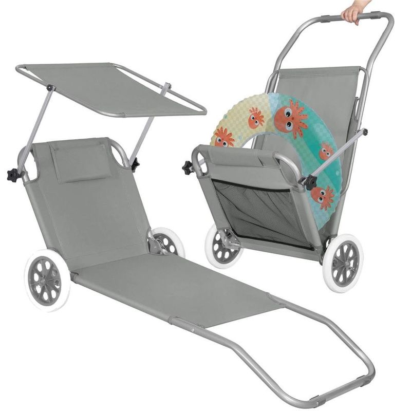 Casa si Gradina - Gradina si terasa - Mobilier exterior - Scaune si sezlonguri gradina - Sezlong pliabil pentru plaja, cu roti, parasolar reglabil si buzunar depozitare, 150x61 cm, 120 kg, gri - Infinity.ro