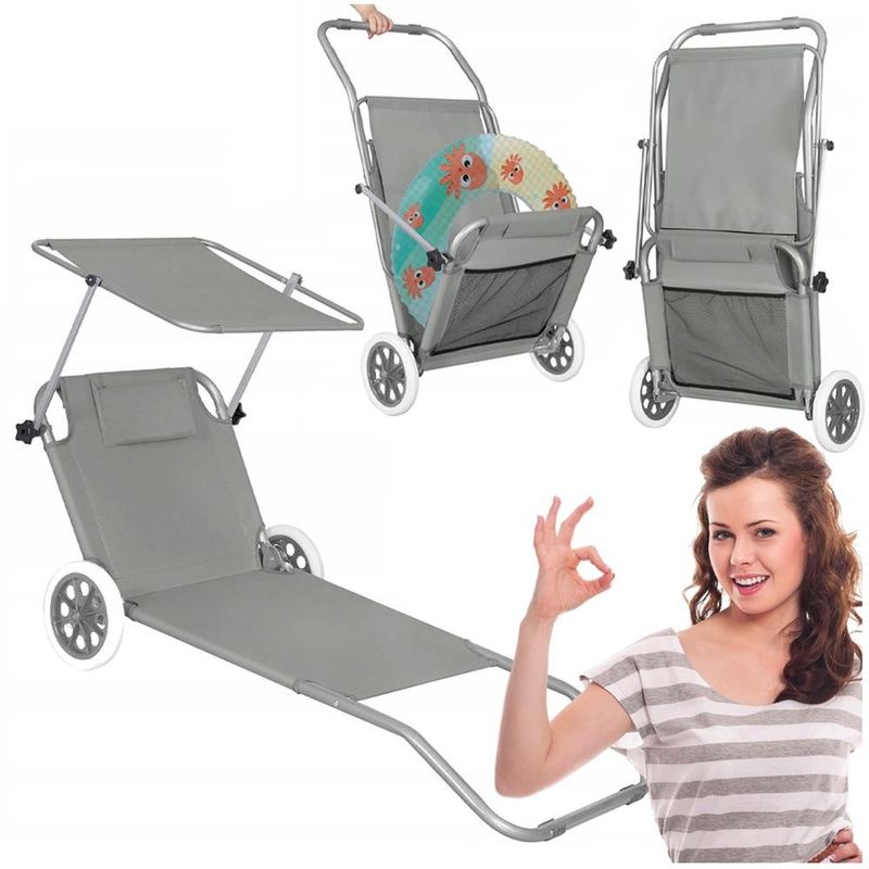 Casa si Gradina - Gradina si terasa - Mobilier exterior - Scaune si sezlonguri gradina - Sezlong pliabil pentru plaja, cu roti, parasolar reglabil si buzunar depozitare, 150x61 cm, 120 kg, gri - Infinity.ro