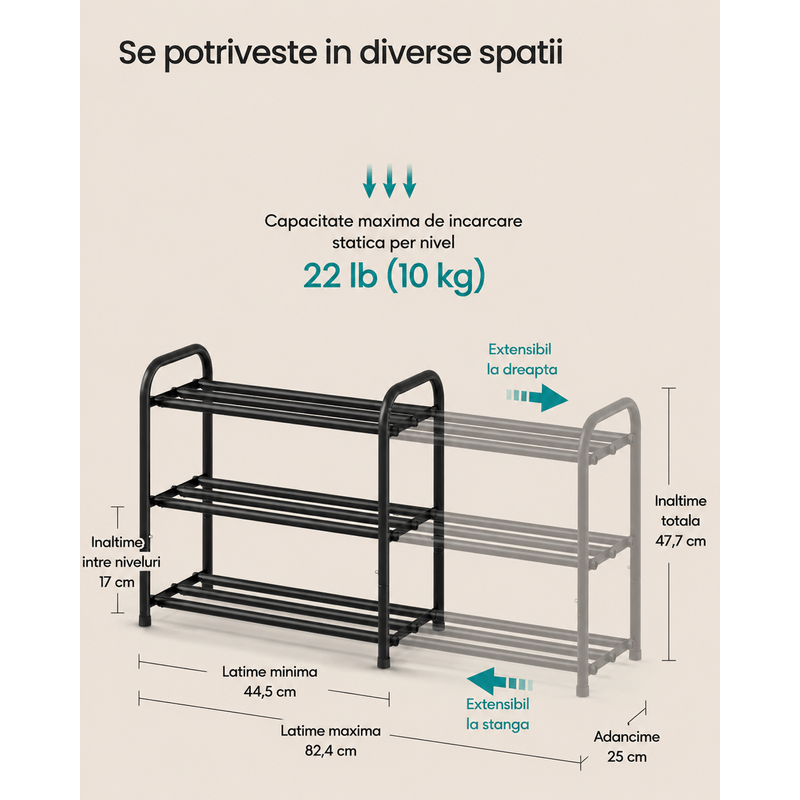 Casa si Gradina - Mobilier - Dulapuri si sifoniere - Dulapuri pantofi - Raft extensibil pentru incaltaminte, 3 niveluri, metal, pana la 12 perechi pantofi, reglabil 25x48x(44-82) cm, negru - Infinity.ro