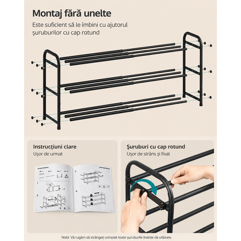 Casa si Gradina - Mobilier - Dulapuri si sifoniere - Dulapuri pantofi - Raft extensibil pentru incaltaminte, 3 niveluri, metal, pana la 12 perechi pantofi, reglabil 25x48x(44-82) cm, negru - Infinity.ro