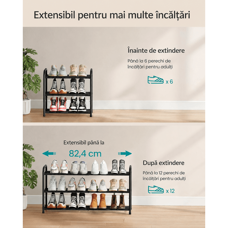 Casa si Gradina - Mobilier - Dulapuri si sifoniere - Dulapuri pantofi - Raft extensibil pentru incaltaminte, 3 niveluri, metal, pana la 12 perechi pantofi, reglabil 25x48x(44-82) cm, negru - Infinity.ro