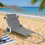 Casa si Gradina - Gradina si terasa - Mobilier exterior - Scaune si sezlonguri gradina - Sezlong pliabil pentru plaja, cu roti, parasolar reglabil si buzunar depozitare, 150x61 cm, 120 kg, gri - Infinity.ro