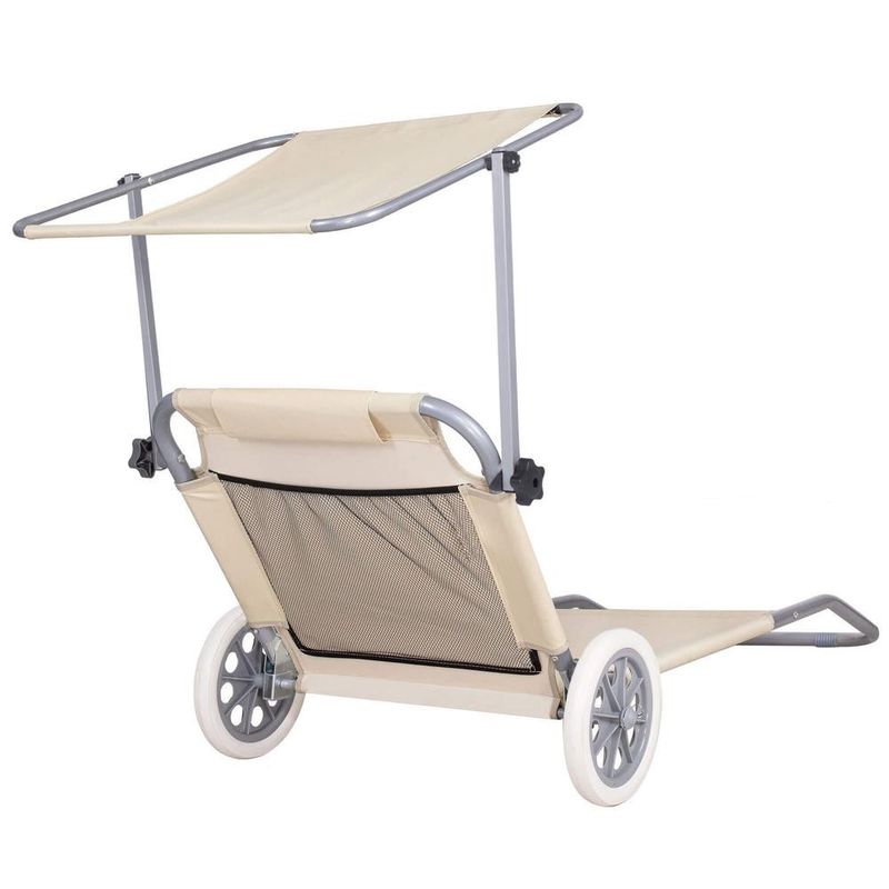 Casa si Gradina - Gradina si terasa - Mobilier exterior - Scaune si sezlonguri gradina - Sezlong pliabil pentru plaja, cu roti, parasolar reglabil si buzunar depozitare, 150x61 cm, 120 kg, bej - Infinity.ro