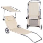 Casa si Gradina - Gradina si terasa - Mobilier exterior - Scaune si sezlonguri gradina - Sezlong pliabil pentru plaja, cu roti, parasolar reglabil si buzunar depozitare, 150x61 cm, 120 kg, bej - Infinity.ro