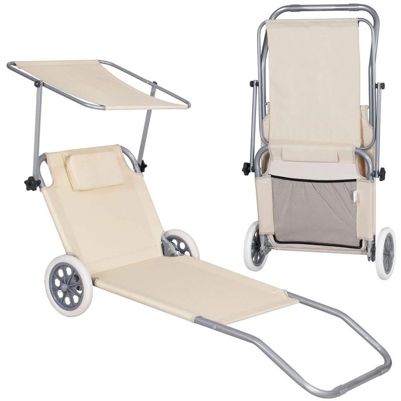 Casa si Gradina - Gradina si terasa - Mobilier exterior - Scaune si sezlonguri gradina - Sezlong pliabil pentru plaja, cu roti, parasolar reglabil si buzunar depozitare, 150x61 cm, 120 kg, bej - Infinity.ro