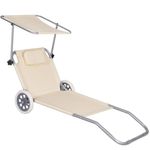 Casa si Gradina - Gradina si terasa - Mobilier exterior - Scaune si sezlonguri gradina - Sezlong pliabil pentru plaja, cu roti, parasolar reglabil si buzunar depozitare, 150x61 cm, 120 kg, bej - Infinity.ro