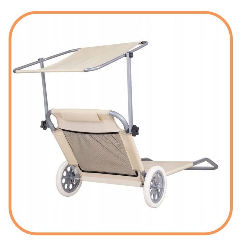 Casa si Gradina - Gradina si terasa - Mobilier exterior - Scaune si sezlonguri gradina - Sezlong pliabil pentru plaja, cu roti, parasolar reglabil si buzunar depozitare, 150x61 cm, 120 kg, bej - Infinity.ro