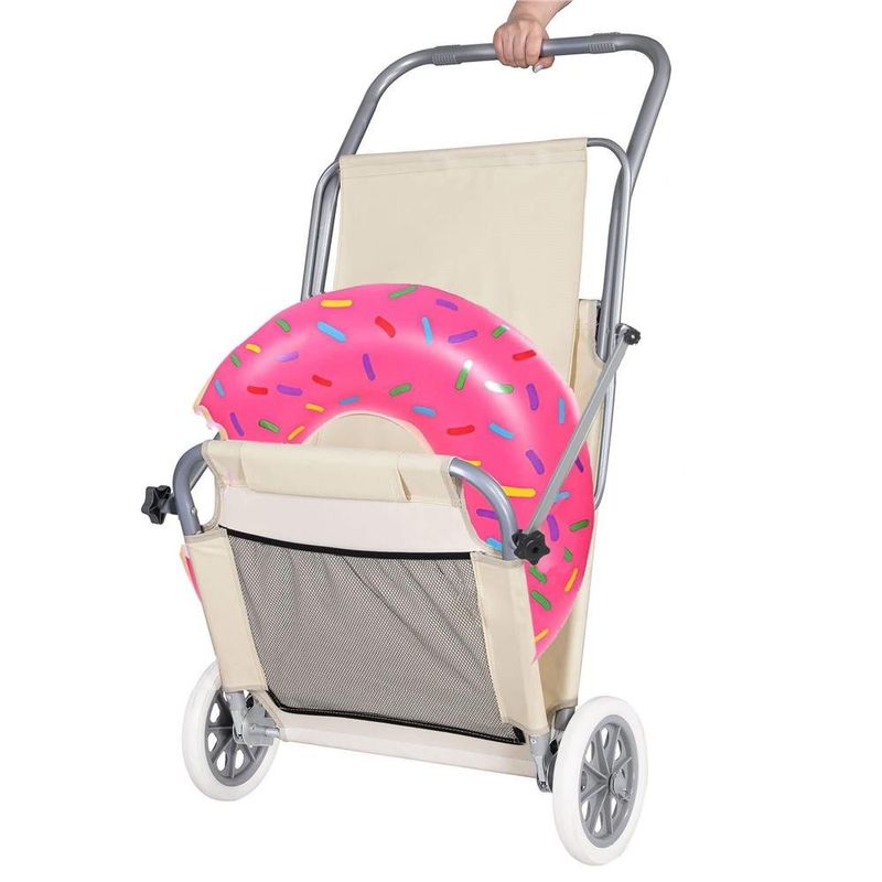 Casa si Gradina - Gradina si terasa - Mobilier exterior - Scaune si sezlonguri gradina - Sezlong pliabil pentru plaja, cu roti, parasolar reglabil si buzunar depozitare, 150x61 cm, 120 kg, bej - Infinity.ro