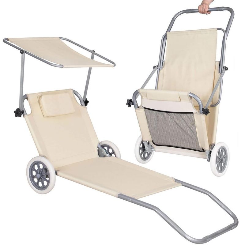 Casa si Gradina - Gradina si terasa - Mobilier exterior - Scaune si sezlonguri gradina - Sezlong pliabil pentru plaja, cu roti, parasolar reglabil si buzunar depozitare, 150x61 cm, 120 kg, bej - Infinity.ro