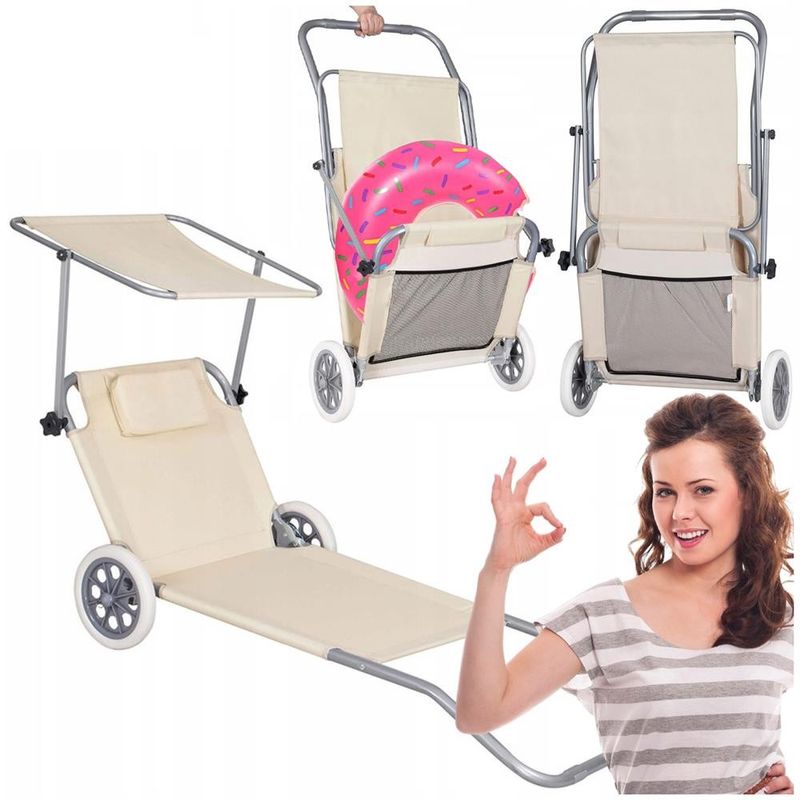 Casa si Gradina - Gradina si terasa - Mobilier exterior - Scaune si sezlonguri gradina - Sezlong pliabil pentru plaja, cu roti, parasolar reglabil si buzunar depozitare, 150x61 cm, 120 kg, bej - Infinity.ro