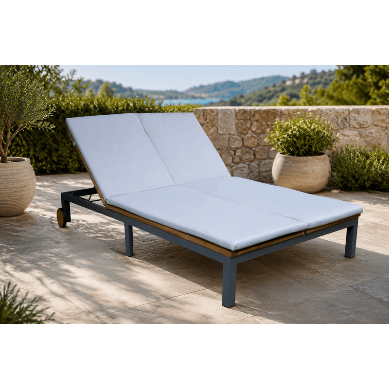Casa si Gradina - Gradina si terasa - Mobilier exterior - Scaune si sezlonguri gradina - Sezlong dublu de gradina cu roti, din lemn de acacia, 202x120x31 cm, maro - Infinity.ro